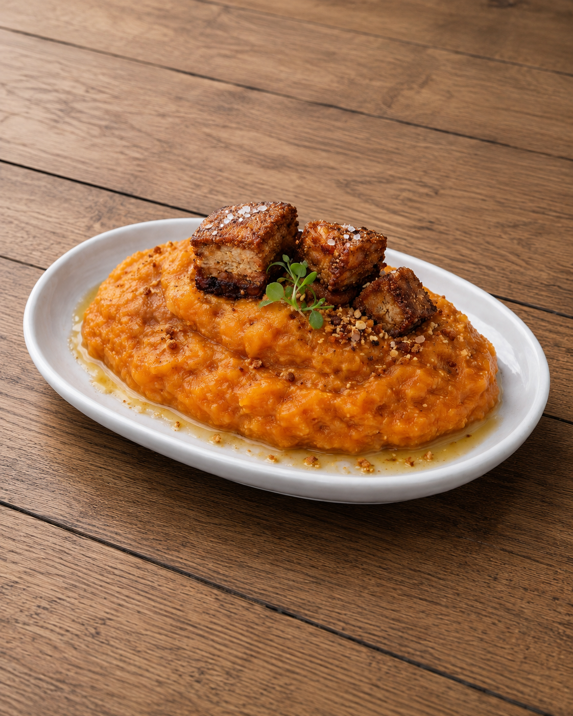 Plato blanco de risotto de naranja cubierto con cubos dorados, sobre una mesa de madera.