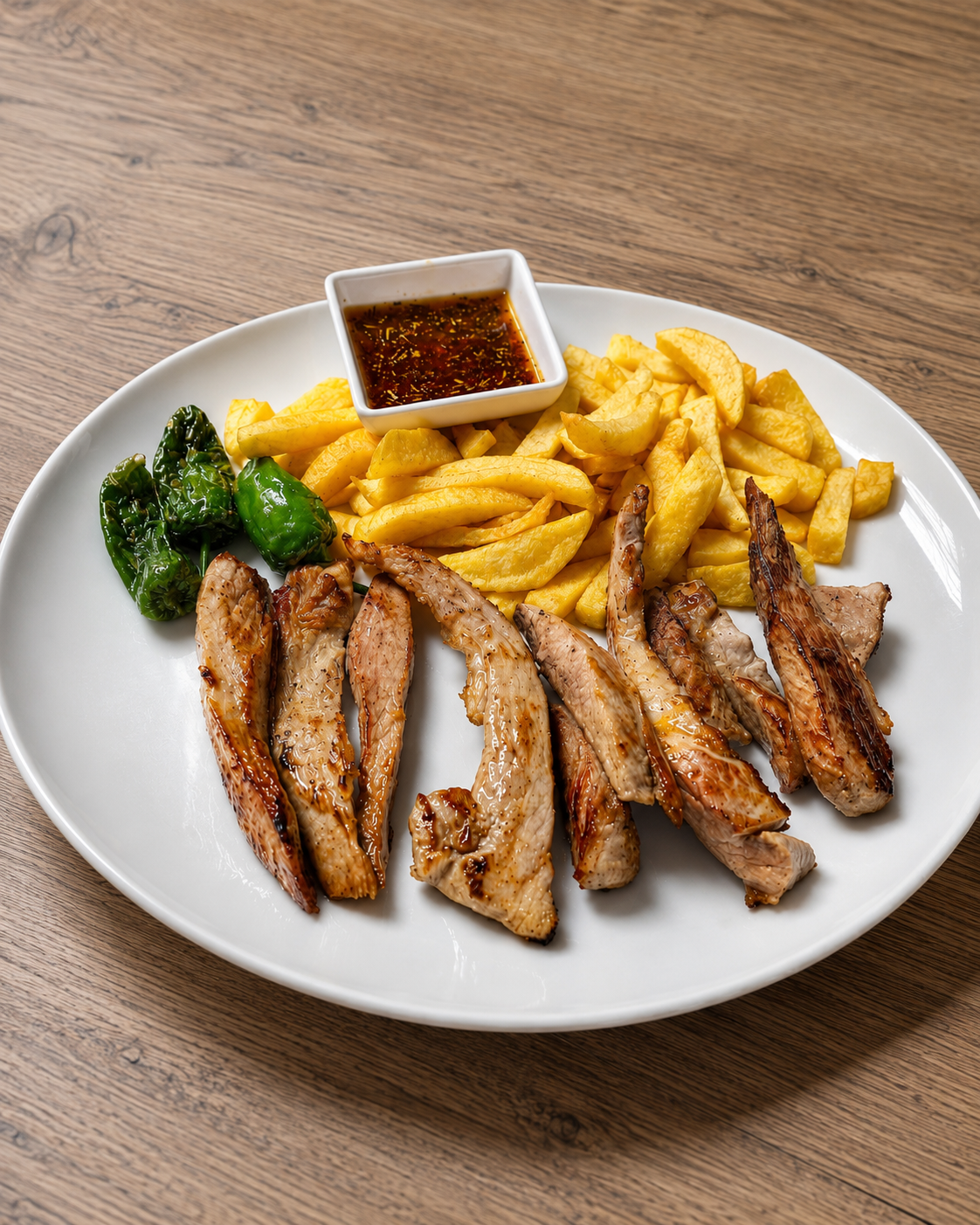 Tiras de pollo a la parrilla con papas fritas, brócoli y salsa para mojar en un plato blanco.