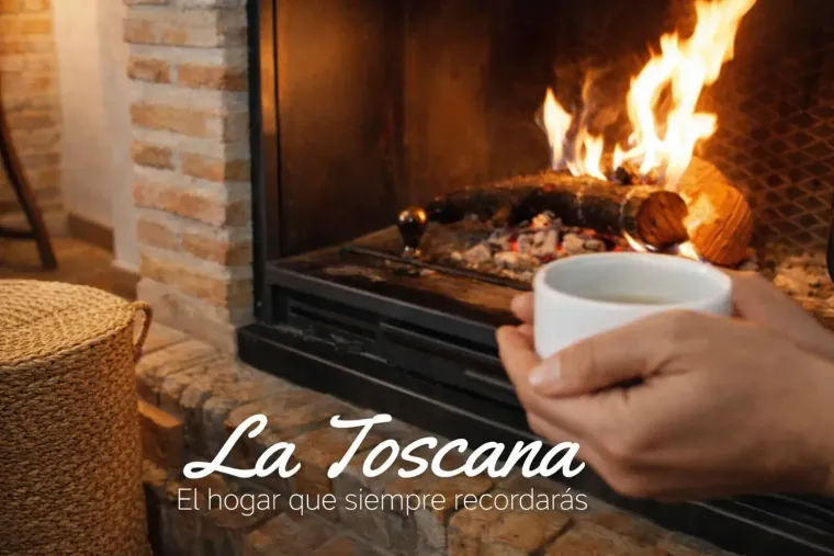 Hand holding cup near a fireplace with burning logs. Text reads
