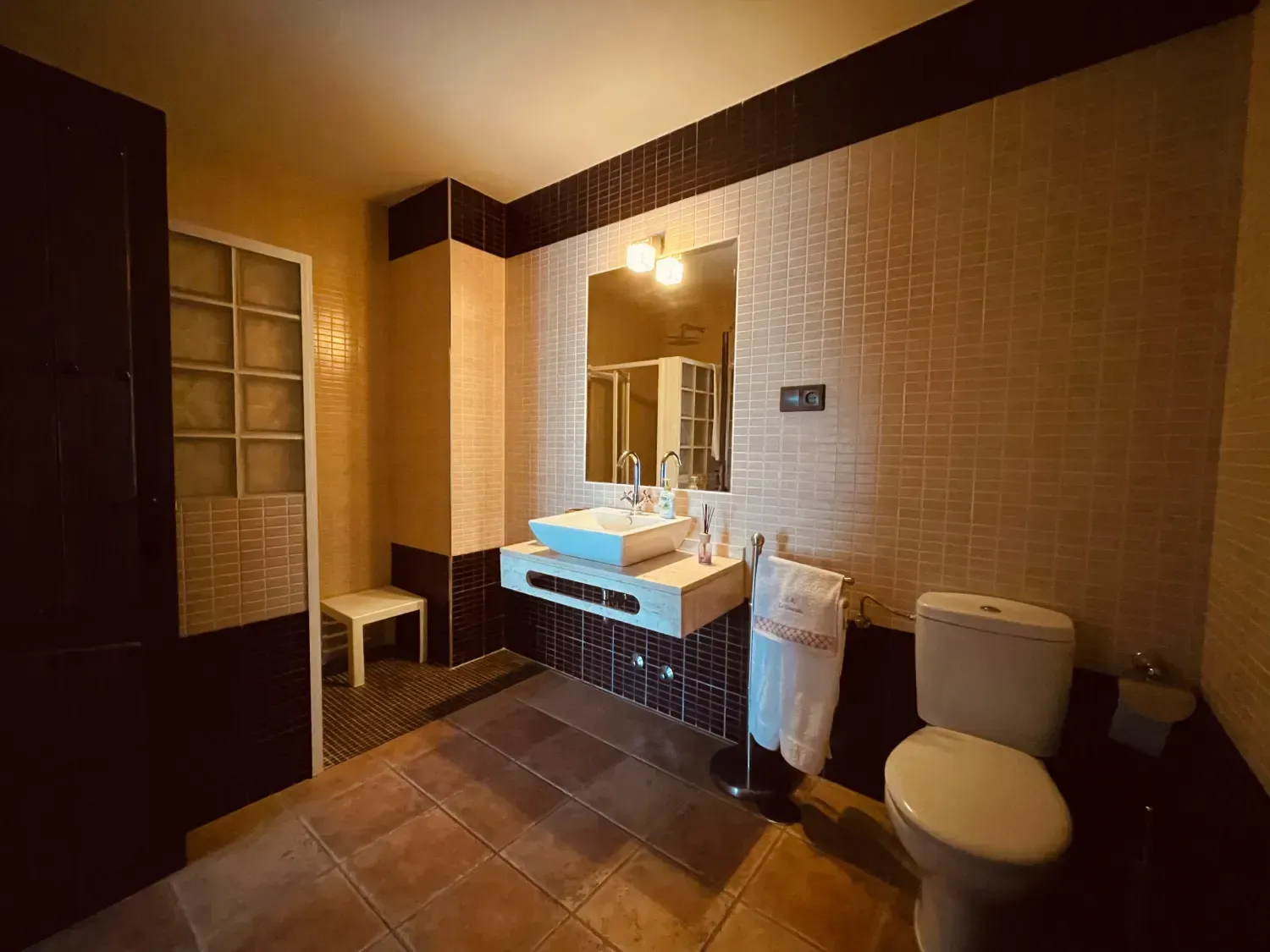 Baño con paredes blancas, inodoro, tocador y puerta de ducha de bloques de vidrio.