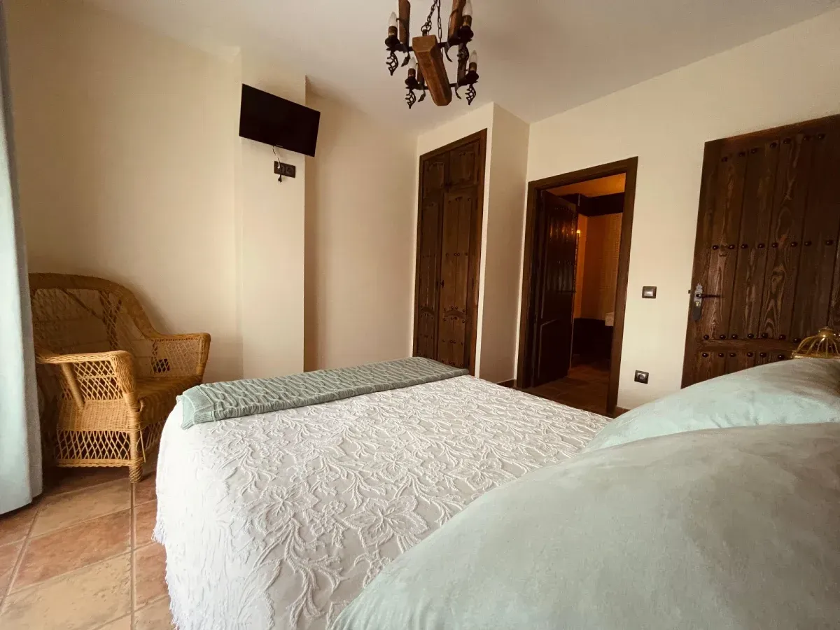 Dormitorio con cama, silla de mimbre, puertas de madera y pequeño televisor.