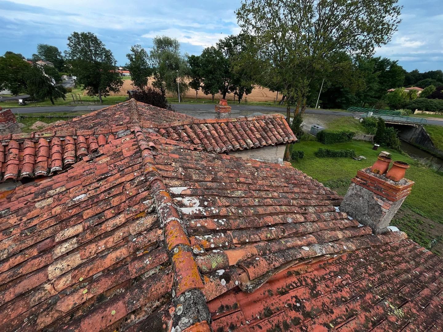 Toit de tuiles rouges avec mousse, cheminée.
