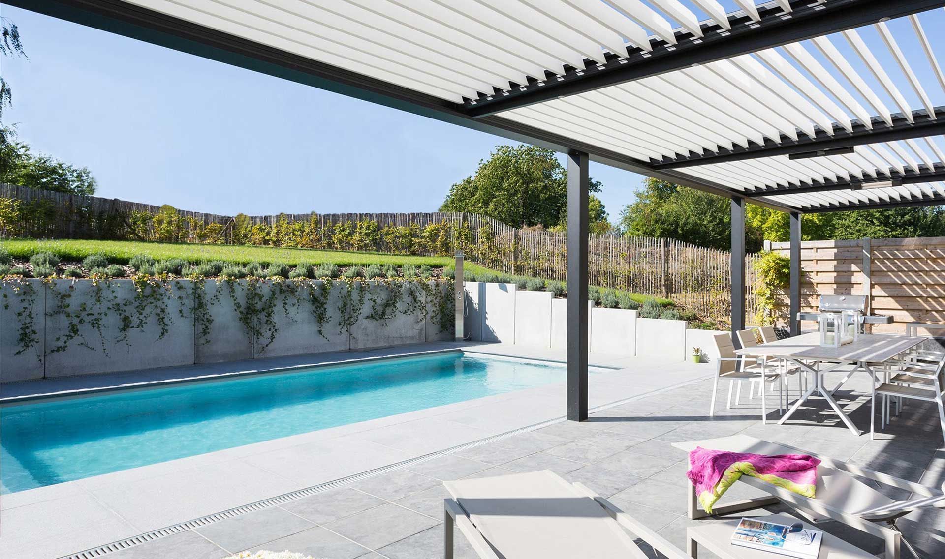 Patio moderne avec chaises longues au bord d'une petite piscine sous une pergola à claire-voie, jardin paysager au-delà