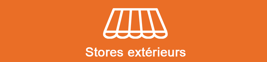 Bannière orange avec icône de devanture de magasin blanche et le texte Stores extérieurs