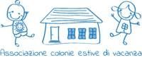 Disegno in blu di una casa,  due bambini  e la scritta “Associazione colonie estive di vacanza”