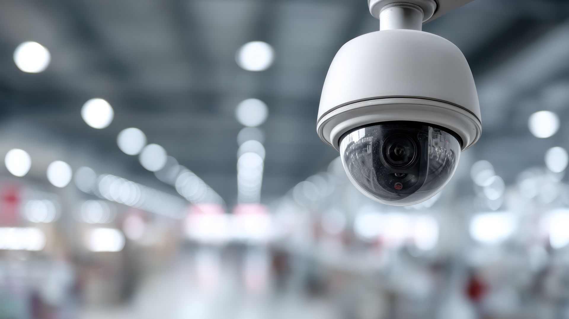 Caméra de sécurité, boîtier blanc, objectif noir, installée dans un magasin avec un arrière-plan flou.