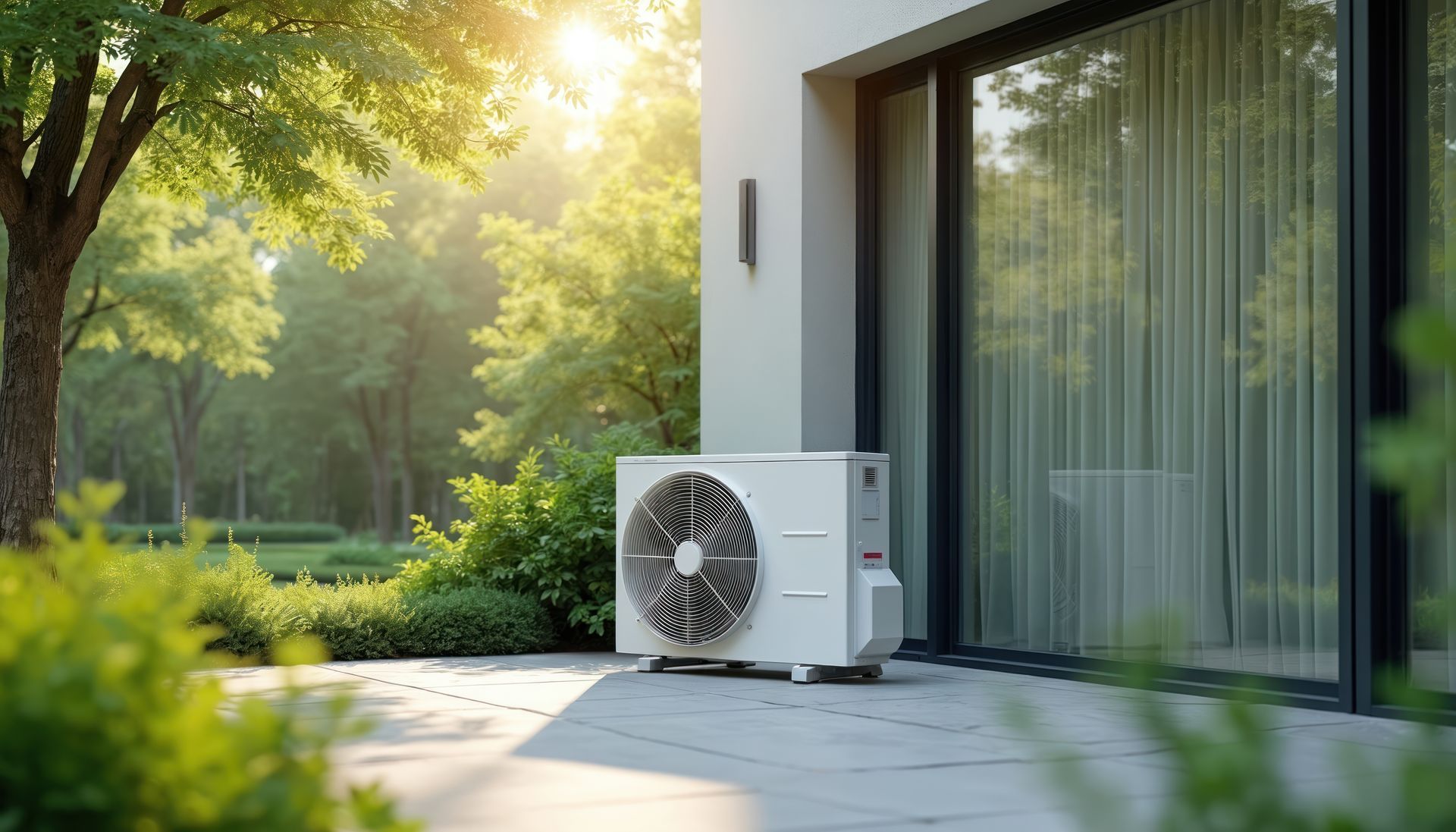 Une pompe à chaleur air-air blanche est installée sur une terrasse, à côté de la façade d'une maison, dans un jardin ensoleillé et verdoyant.