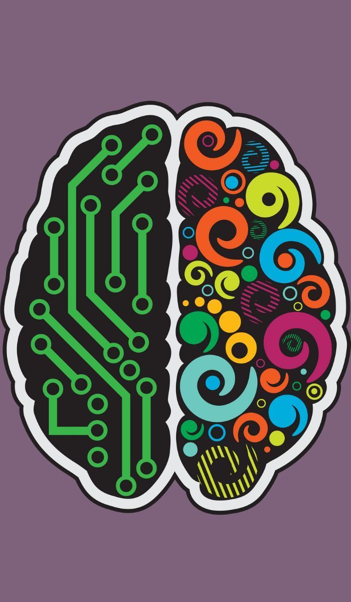 Un dibujo de un cerebro con una placa de circuito en un lado y remolinos de colores en el otro lado.