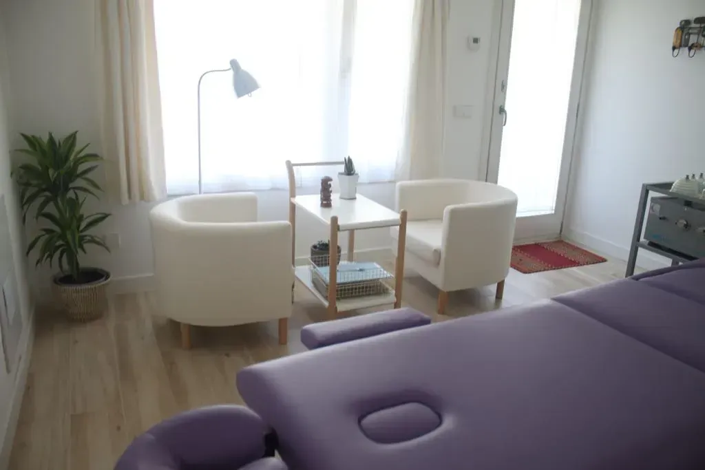 Hay una mesa de masajes morada en el medio de la habitación.