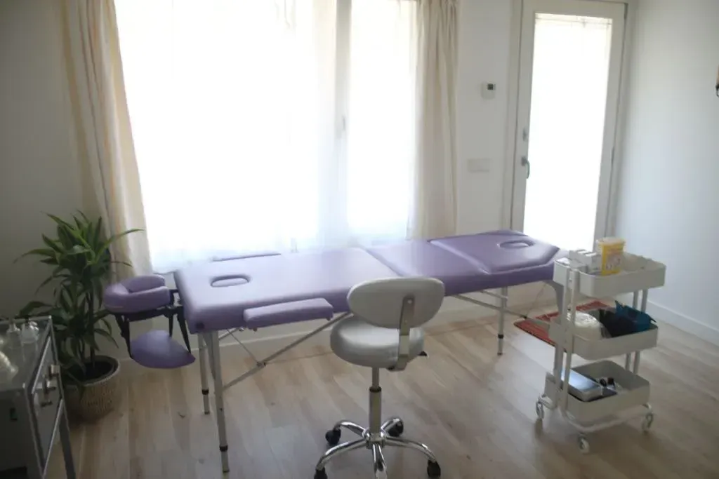 Una habitación con una mesa de masaje morada y una silla blanca.