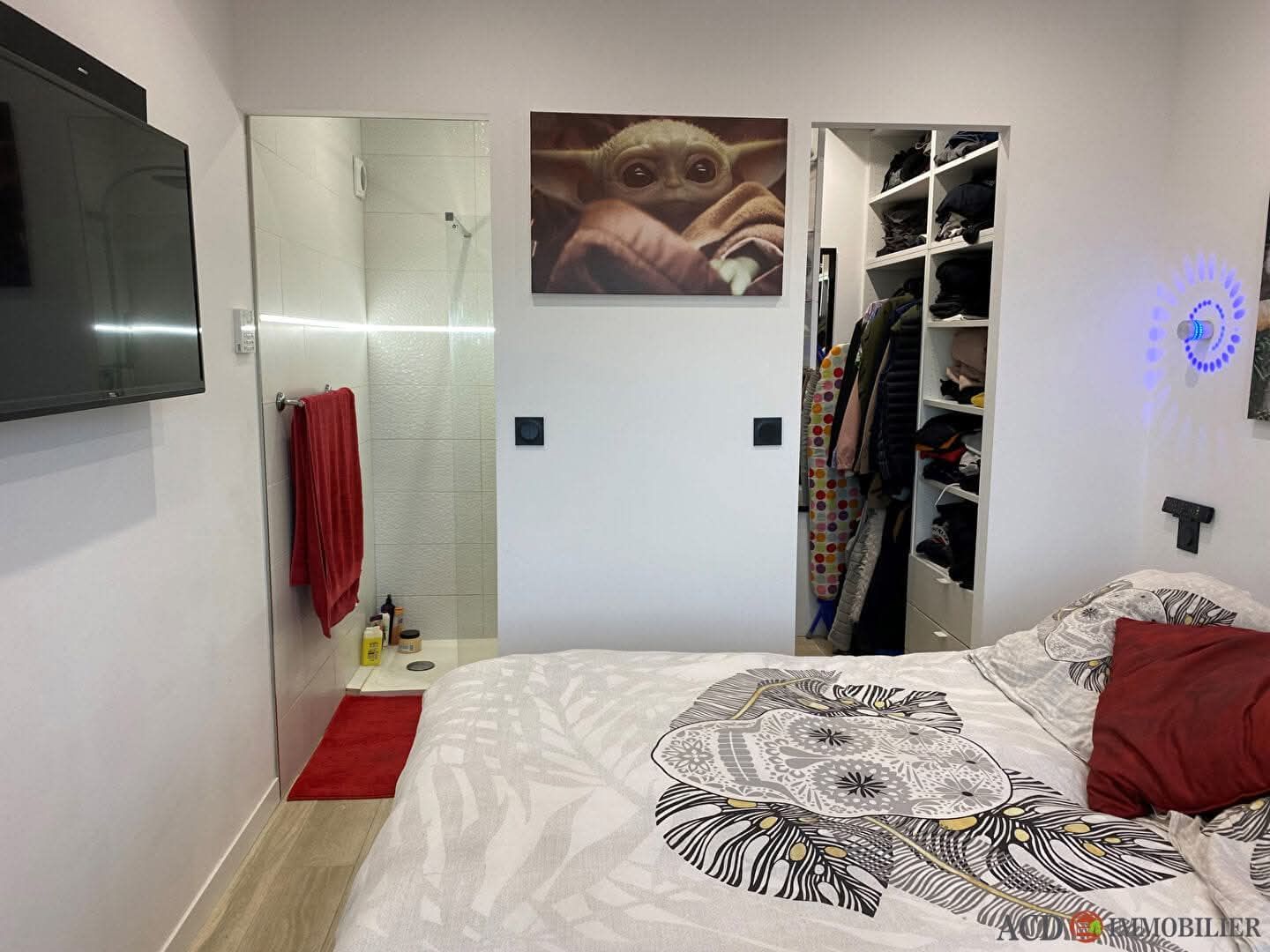 Chambre avec lit, télévision murale, placard ouvert, tapis rouge et porte de salle de bains sur la gauche.
