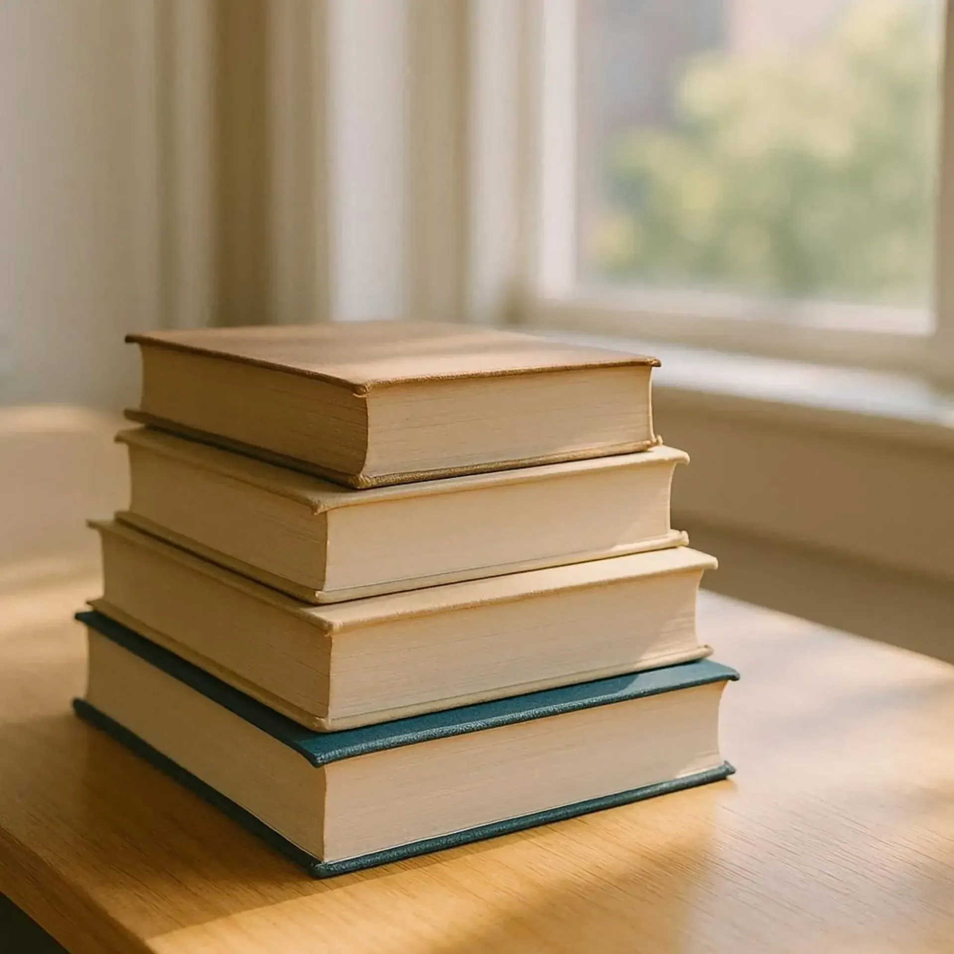 Pila de cuatro libros de tapa dura sobre una mesa de madera iluminada por el sol junto a una ventana.