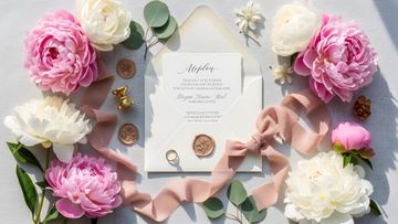 Invitación de boda con composición plana, flores rosas y blancas, cinta, eucalipto, anillos y sello de cera.