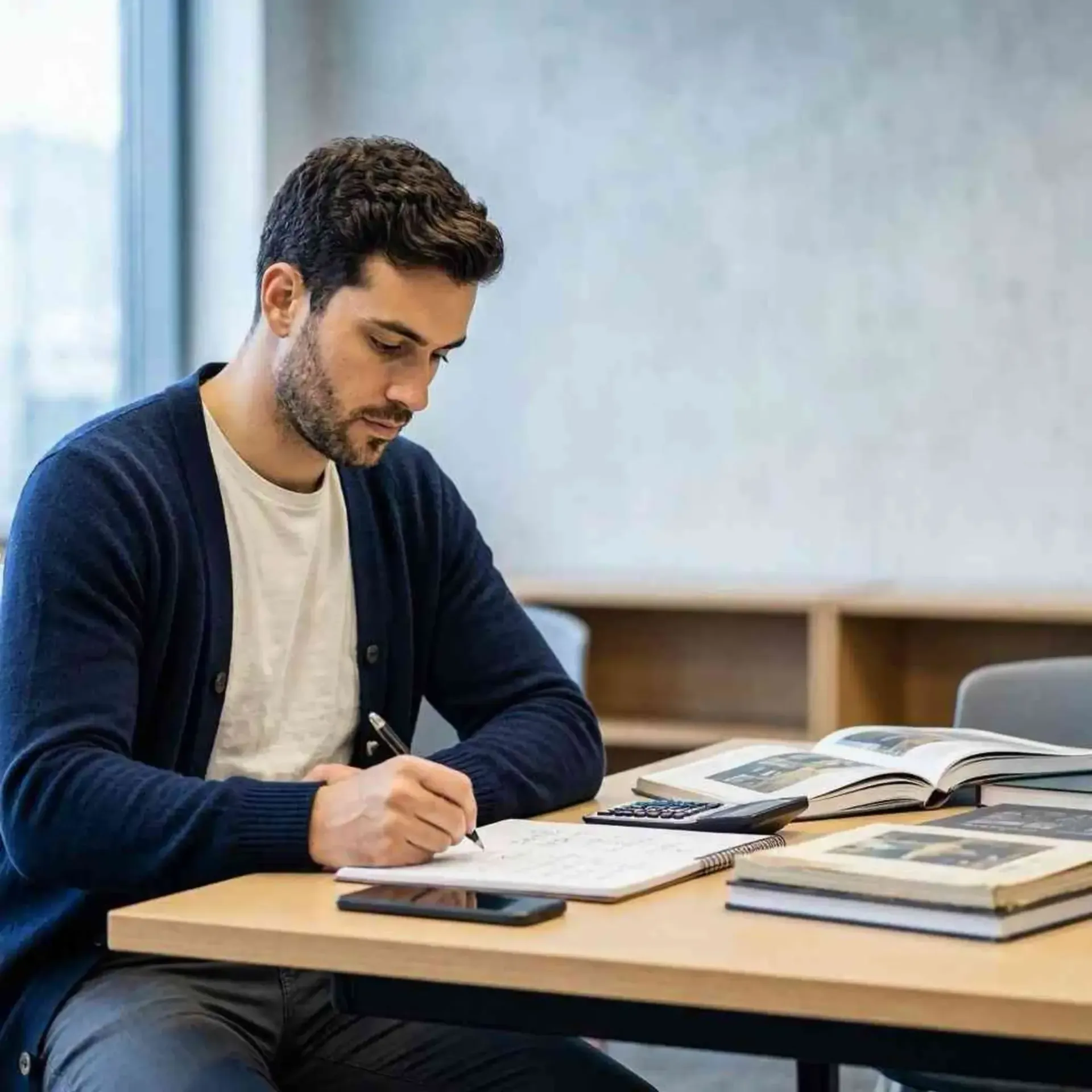 Un hombre escribe en un cuaderno sentado a una mesa con libros y un teléfono en una tranquila sala de estudio.
