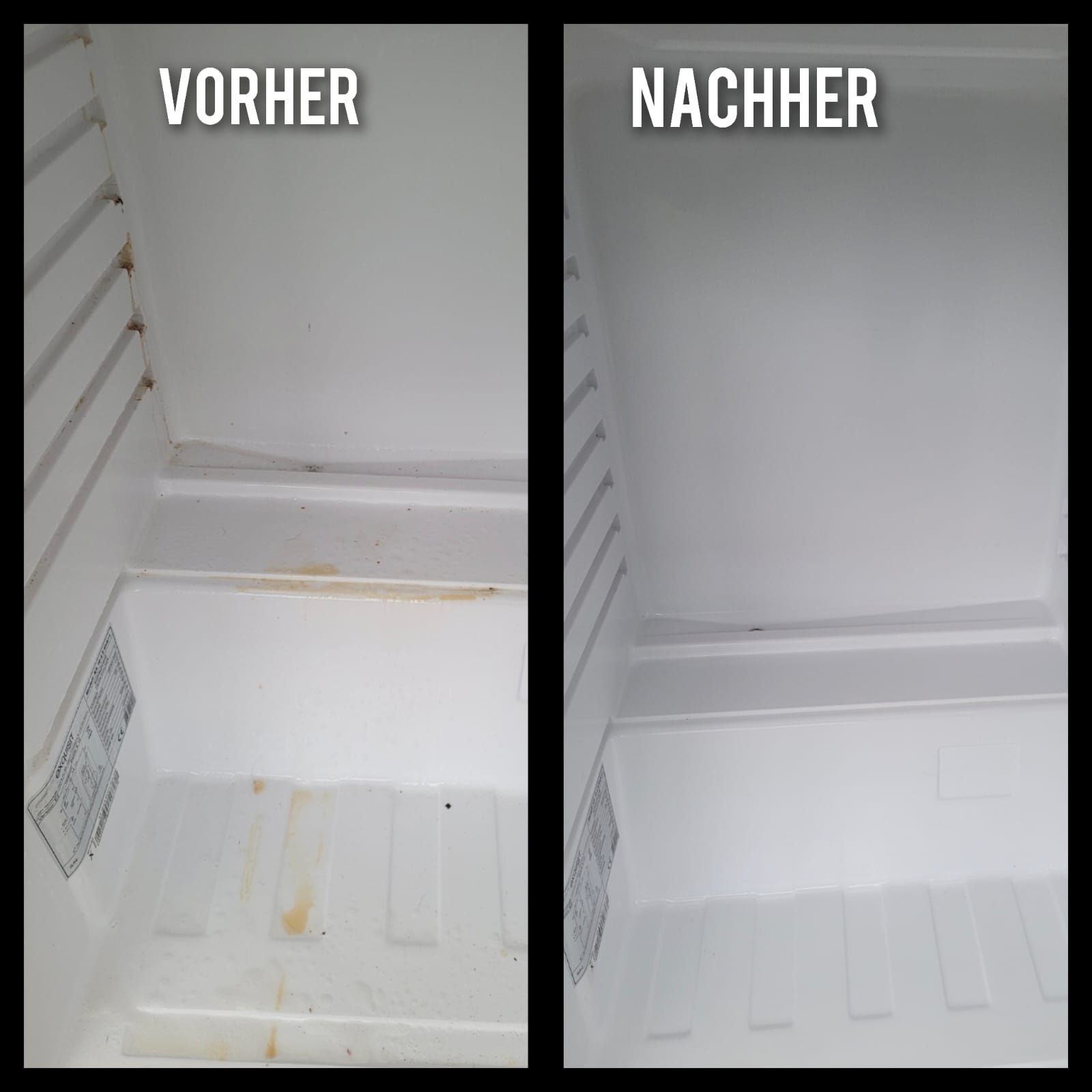 Ein Vorher-Nachher-Bild eines Kühlschranks mit den Worten vorher und nachher