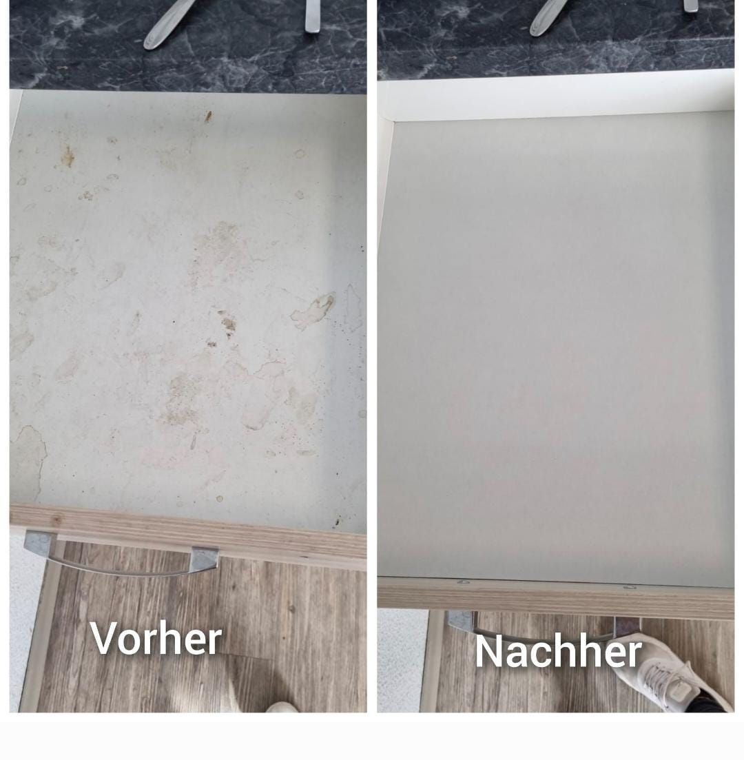 Ein Vorher-Nachher-Bild einer schmutzigen Schublade und einer sauberen Schublade