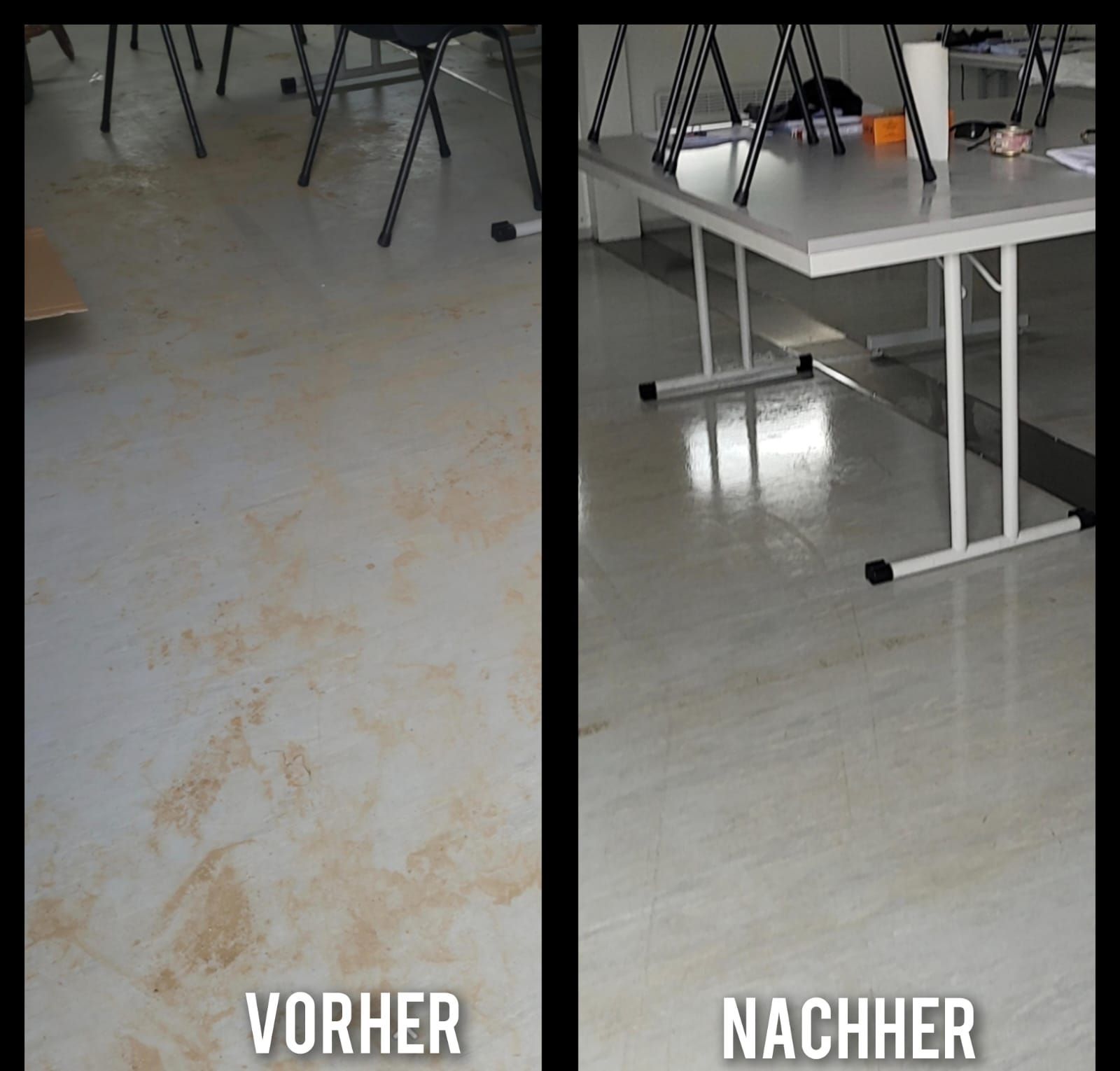 Ein Vorher-Nachher-Foto eines schmutzigen Bodens