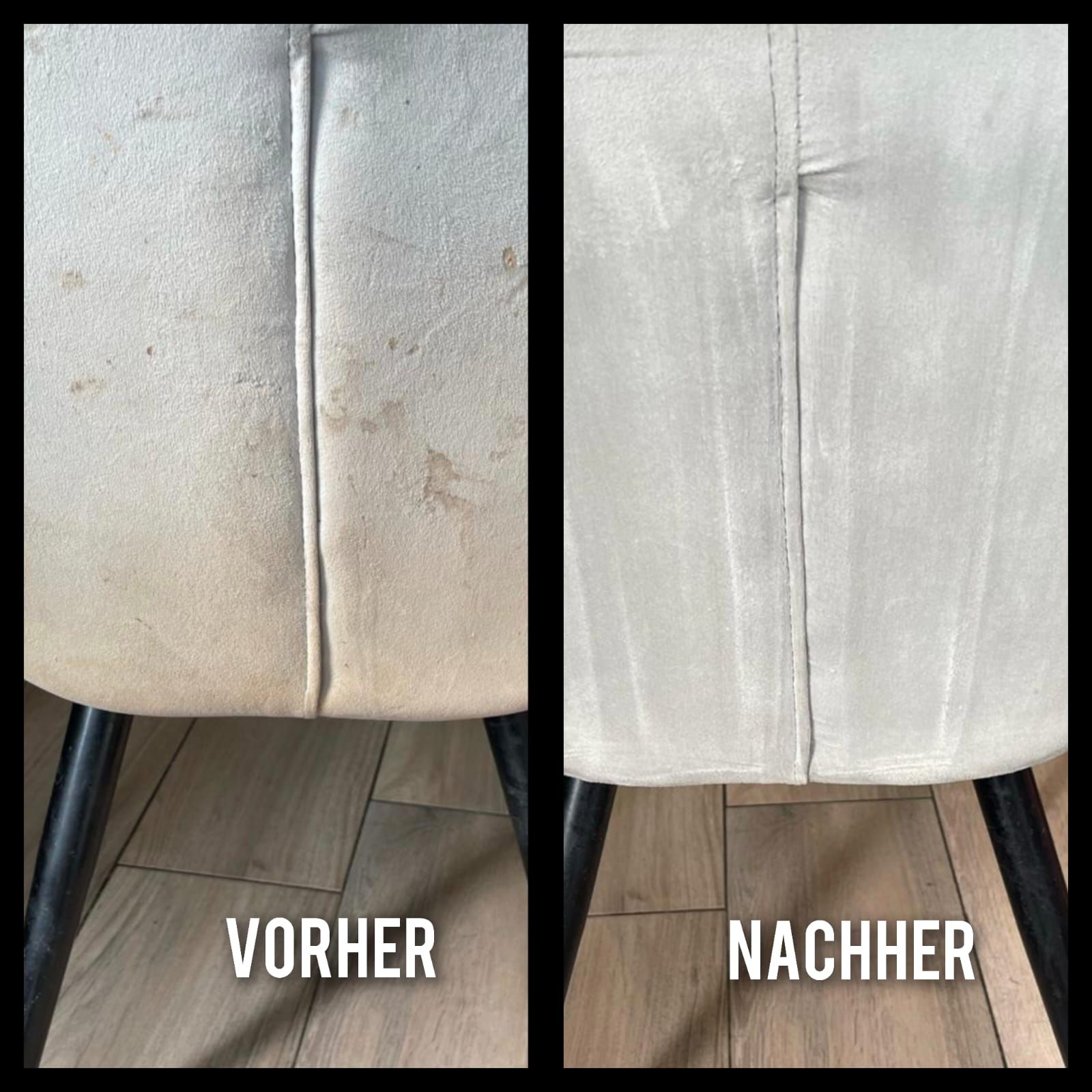 Ein Vorher-Nachher-Bild eines Stuhls mit deutscher Schrift