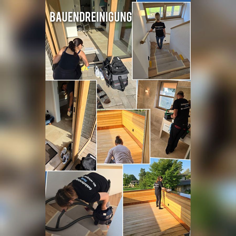 Eine Collage aus Bildern von Leuten, die ein Haus putzen