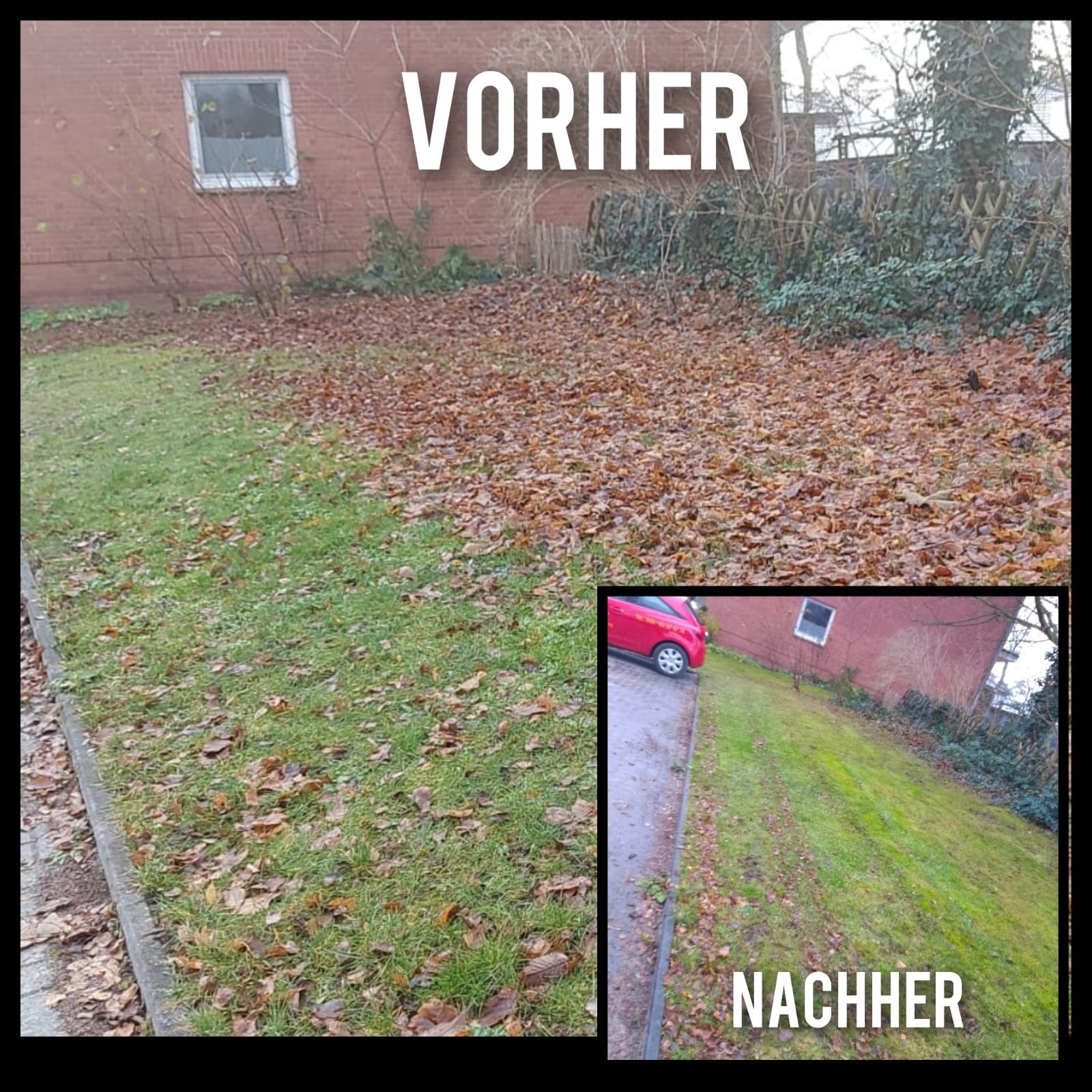 Ein Vorher-Nachher-Bild eines Rasens mit Blättern darauf.
