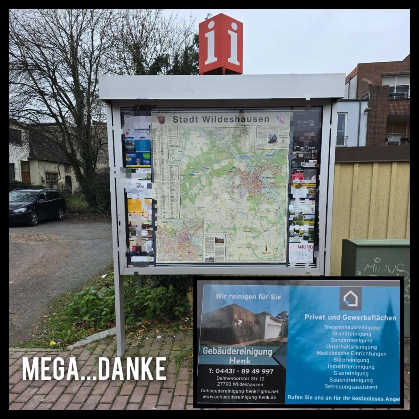 Ein Schild mit der Aufschrift „Mega Danke“