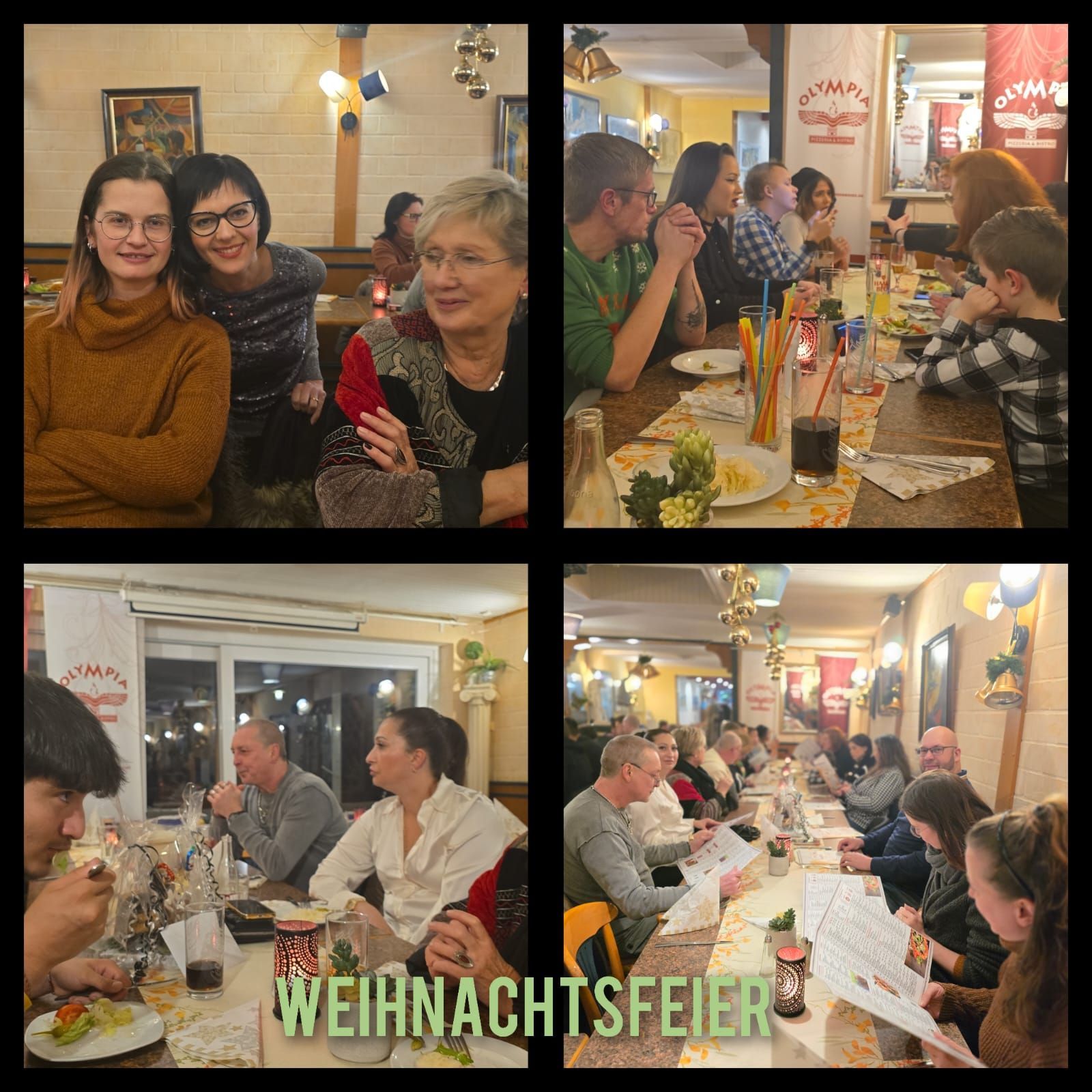 Eine Gruppe von Menschen sitzt an einem Tisch mit den Worten „Weihnachtsfeier“ auf der Unterseite