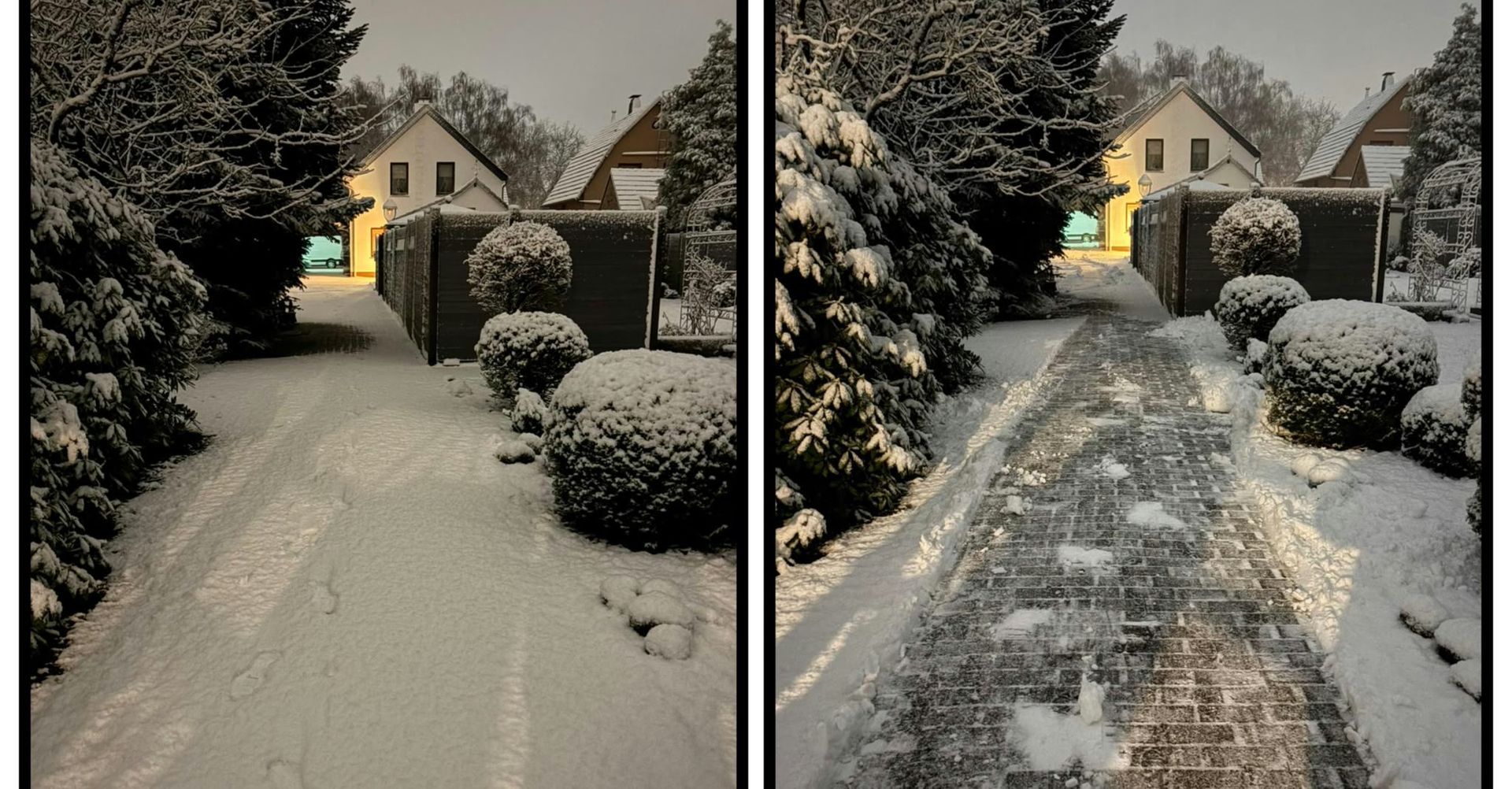 Geteilter Blick auf eine schneebedeckte Einfahrt und einen Gehweg: rechts ein freigeräumter Weg, links unberührter Schnee.