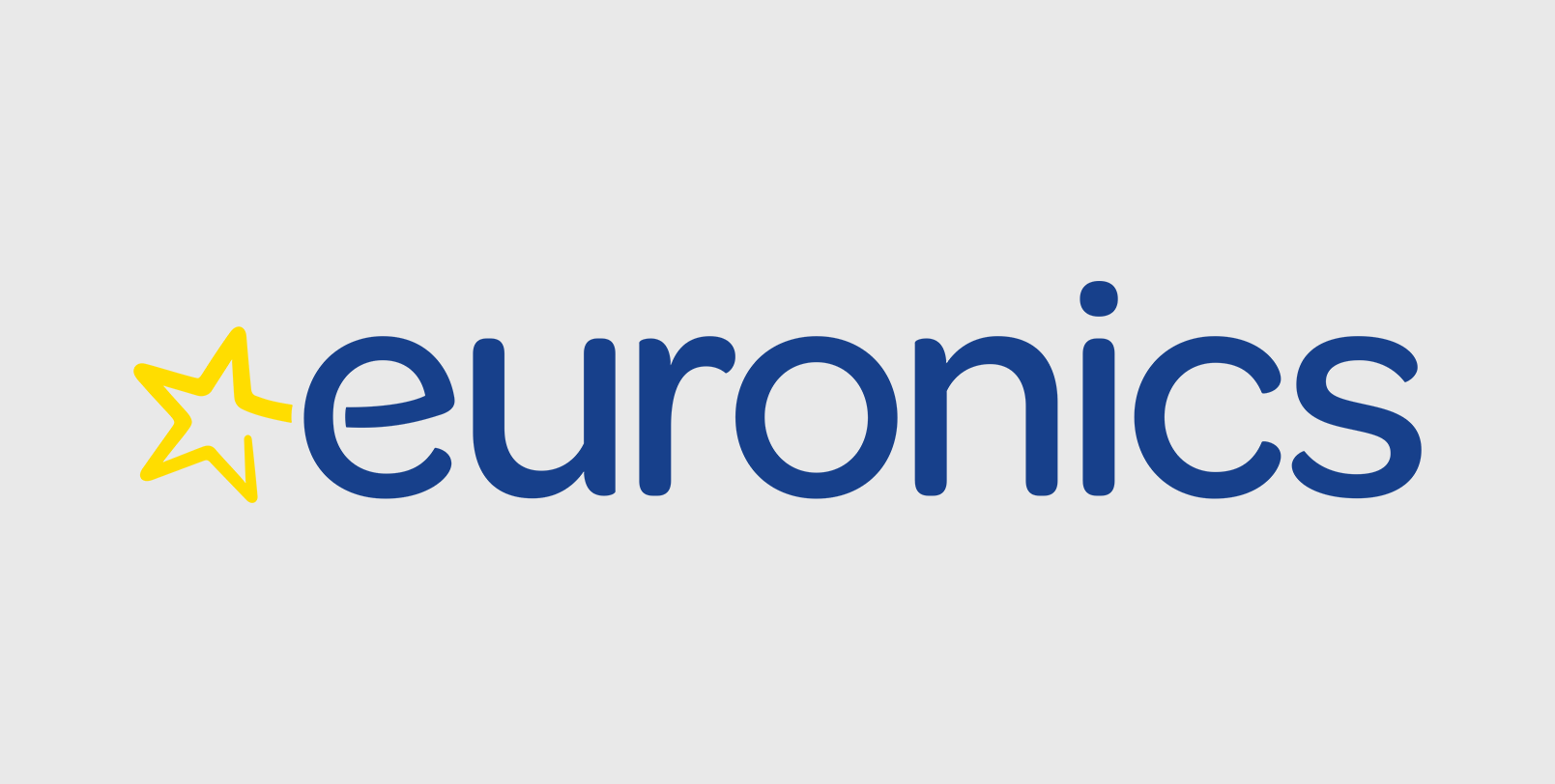Euronics-Logo in blauer Kleinschrift mit gelbem Stern auf hellgrauem Hintergrund
