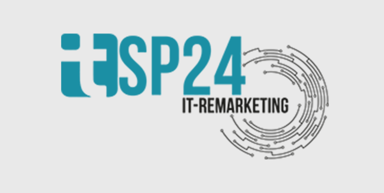 TSP24 IT-REMARKETING-Logo in Türkis und Schwarz mit einer kreisförmigen Grafik im Leiterplattenstil auf weißem Hintergrund