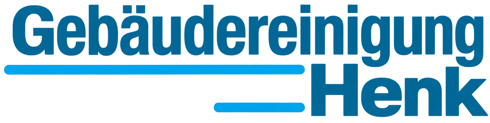 Gebäudereinigung Henk-Logo mit blauem und orangefarbenem Text und zwei horizontalen blauen Linien