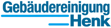 Gebäudereinigung Henk-Logo mit blauem und orangefarbenem Text und zwei horizontalen blauen Linien