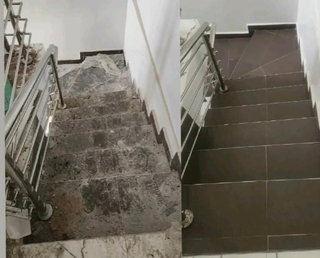 Vorher-nachher-Ansicht eines Treppenhausbodens: Abgenutzte graue Stufen wurden durch dunkelbraune Fliesen ersetzt.