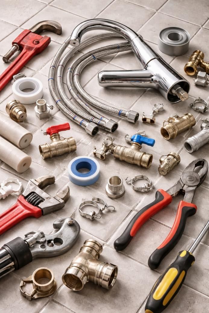 Un espacio de trabajo con piezas de madera, un cuadrado amarillo, brocas, un destornillador