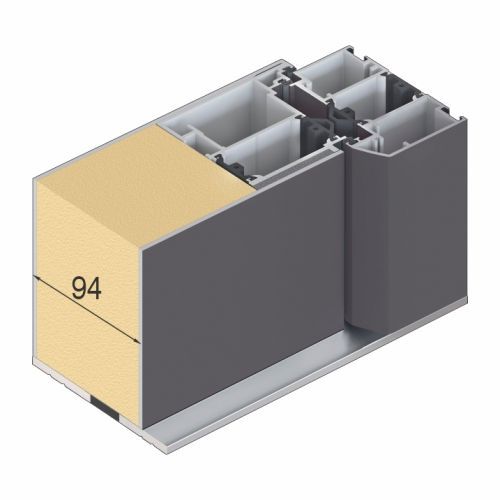 Querschnitt eines Aluminiumfensterrahmens mit Isolierung, der eine Abmessung von 94 mm zeigt. Graue und beige Farbtöne sind vorhanden.