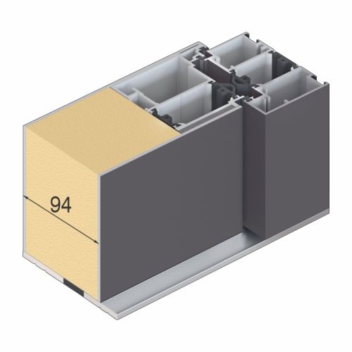 Querschnitt eines Fensterrahmens, der Holz- und Metallkomponenten zeigt; Abmessung 94 mm.