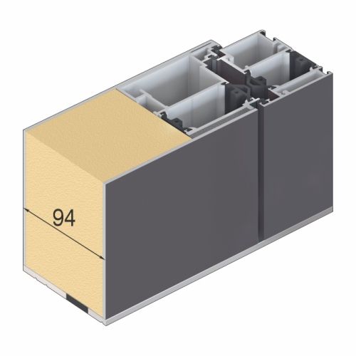 Querschnitt des Türrahmens mit Holz, Dämmung und Aluminiumprofil. Der Türrahmen ist 94 mm breit.
