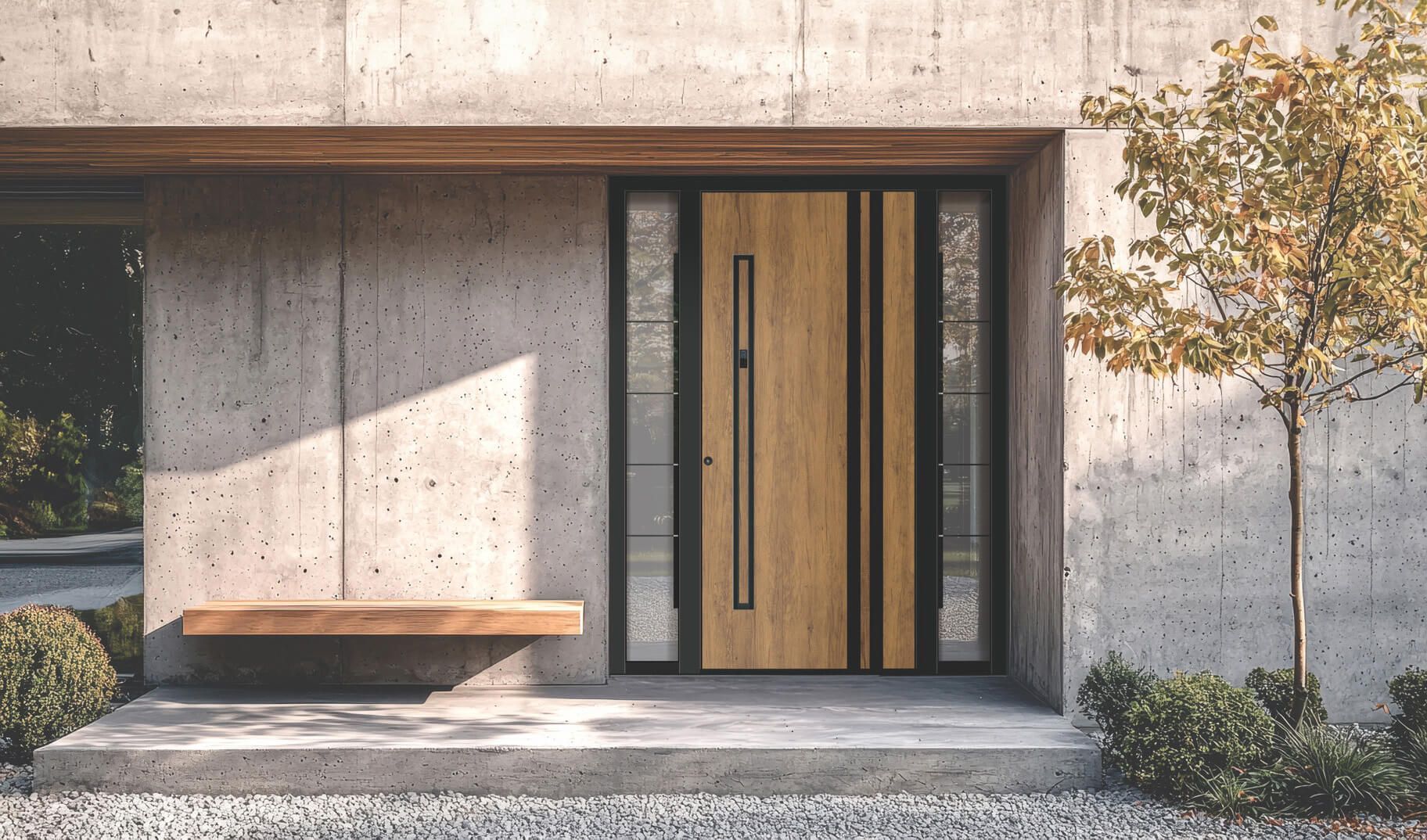 Moderne Holzeingangstür mit seitlichen Glasfenstern, eingelassen in Beton.