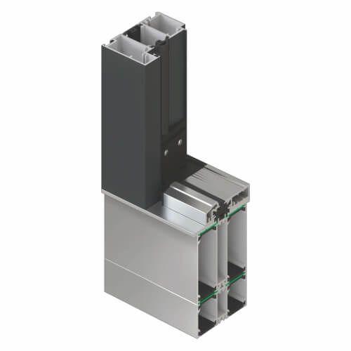 Querschnitt eines Aluminiumfensterrahmens mit innenliegenden Profilen, außen dunkelgrau und innen silberfarben.