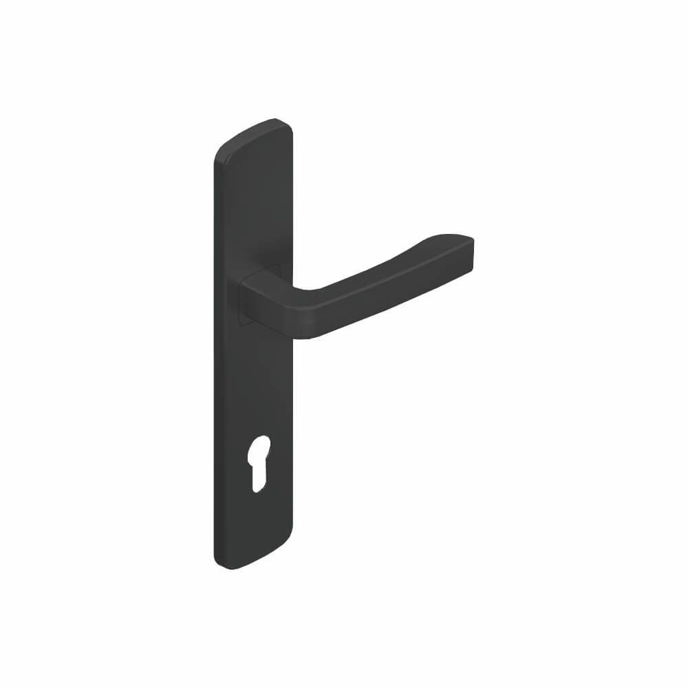 Schwarzer Türgriff mit vertikaler Abdeckplatte und Schlüsselloch.