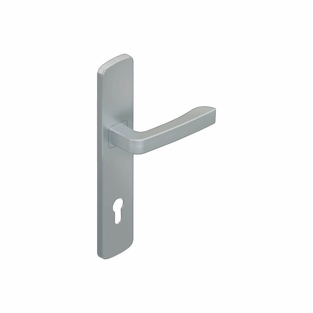 Silberner Türgriff mit Schlüsselloch.