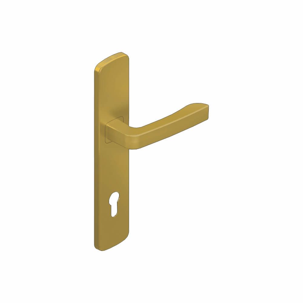 Goldfarbener Türgriff mit Schlüsselloch.