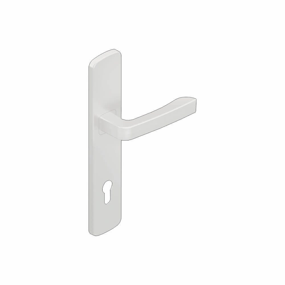 Weißer Türgriff mit Schlüsselloch.