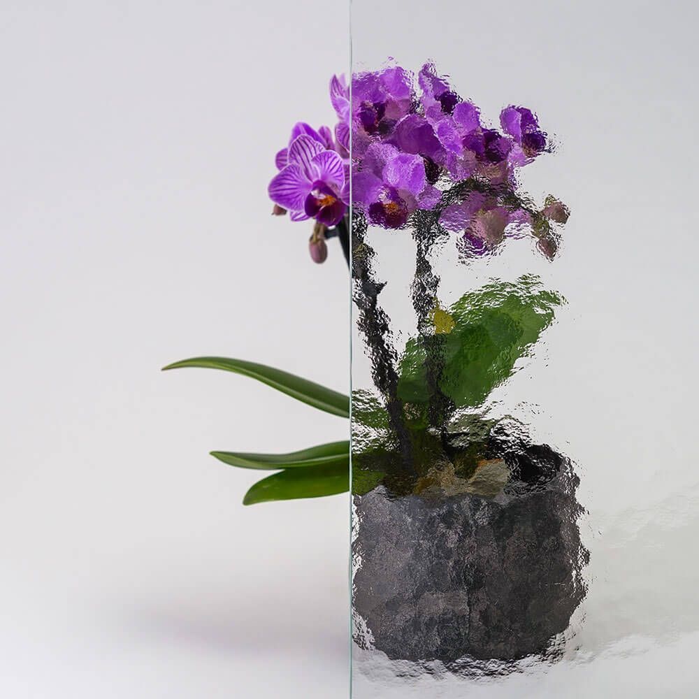Lila Orchideenpflanze hinter strukturiertem Glas.