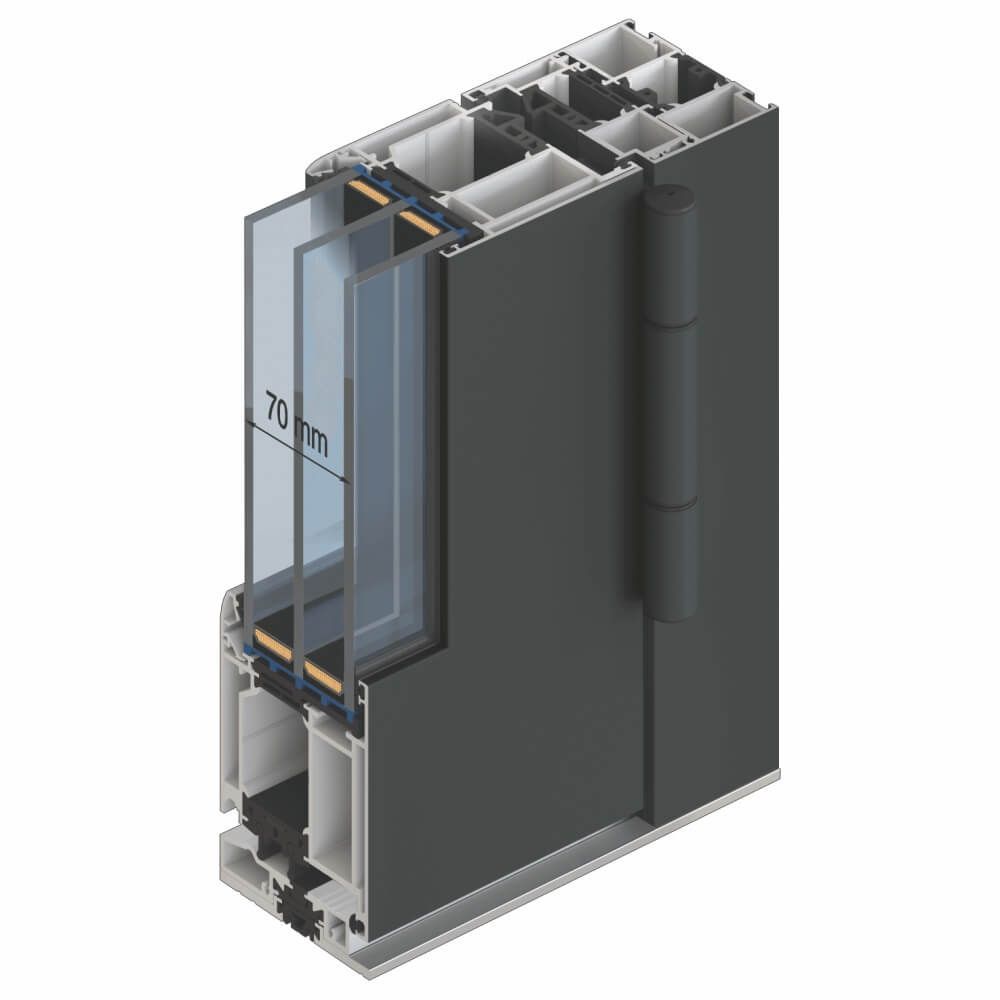 Querschnitt eines Fenster- und Türrahmens mit Glasscheiben, schwarzem Rahmen und Scharnier.