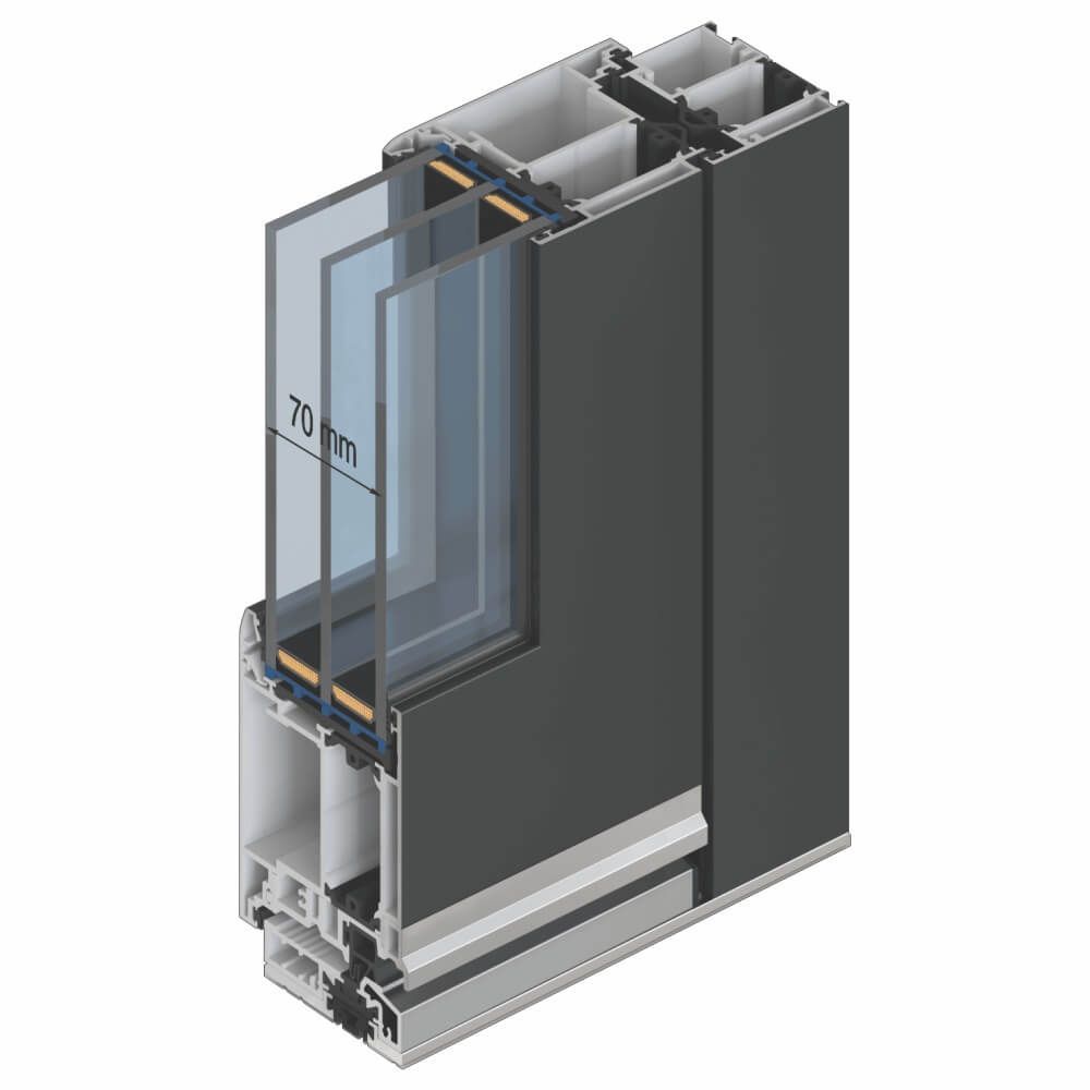 Querschnitt eines Fensterrahmens, der drei 70 mm dicke Glasscheiben in einem dunkelgrauen Metallrahmen zeigt.