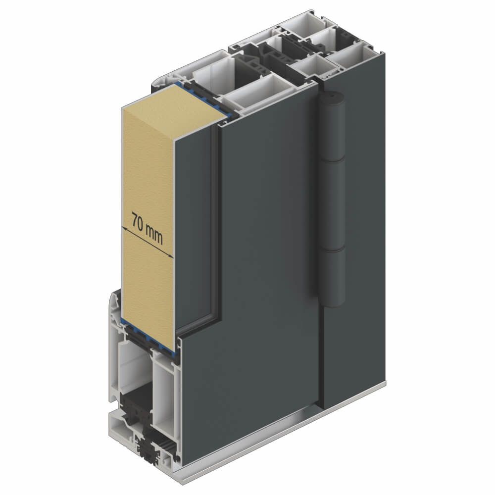 Querschnitt eines Türrahmens mit einer 70 mm dicken Isolierschicht.