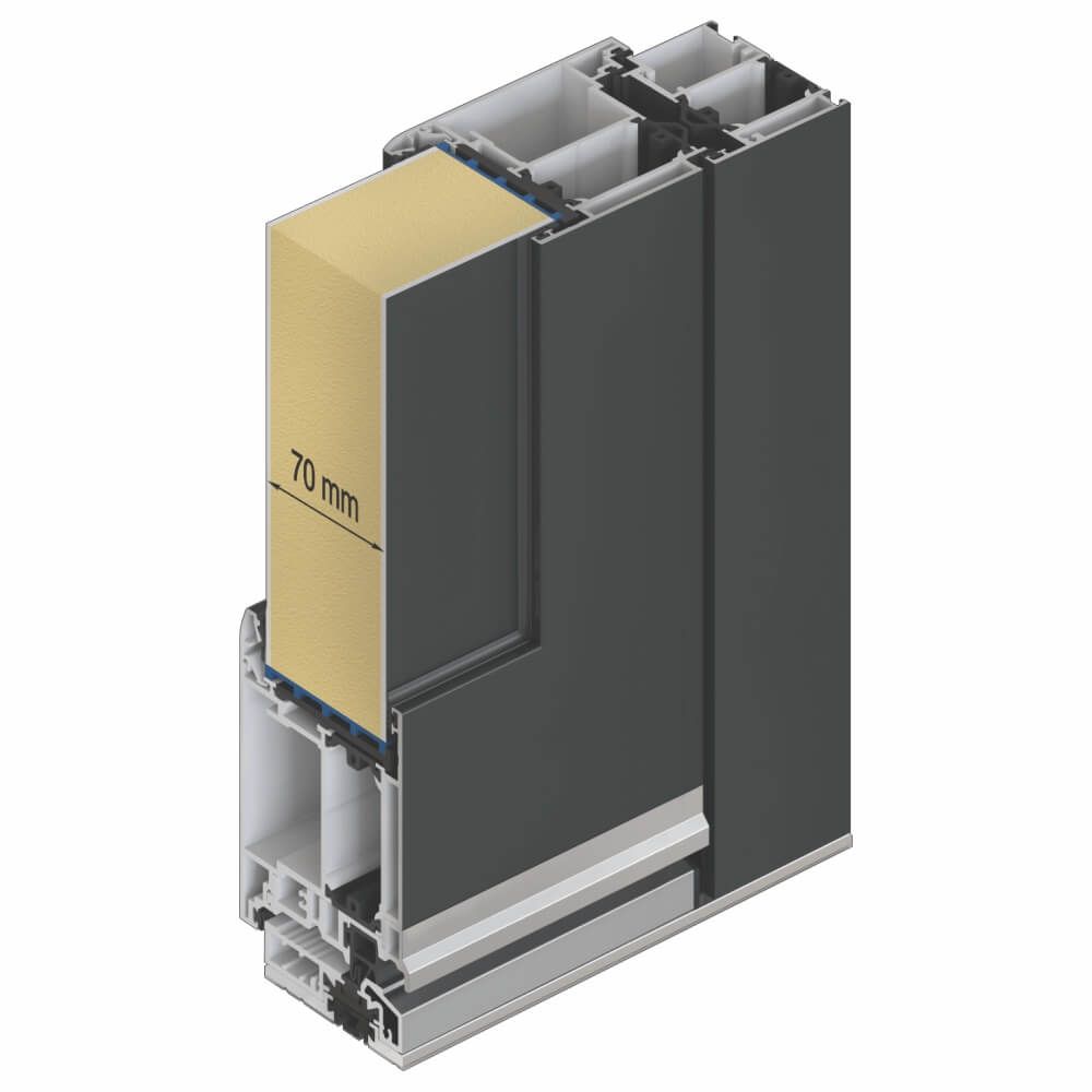 Schnittansicht eines Türrahmenquerschnitts; zeigt Aluminium, Isolierung (70 mm) und andere strukturelle Komponenten.