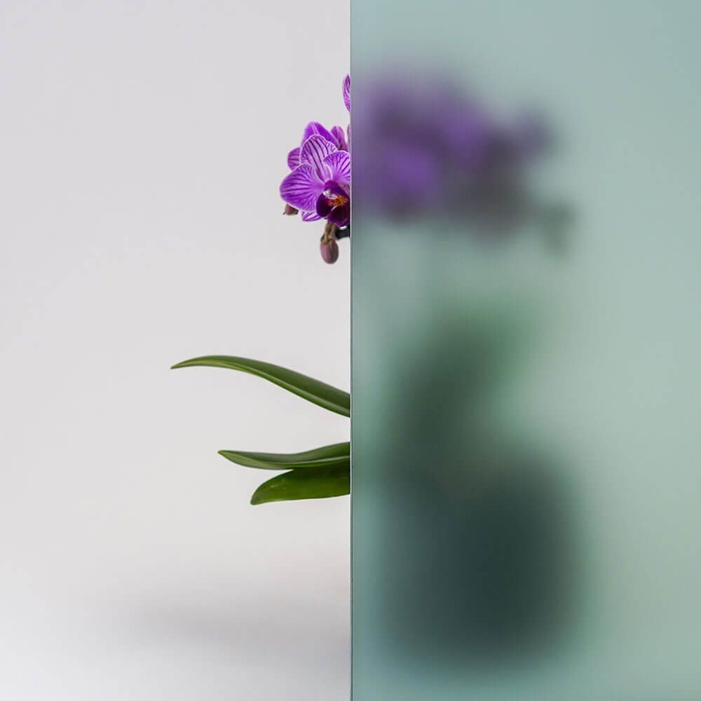 Eine halbe violette Orchidee ist durch das Milchglas sichtbar.