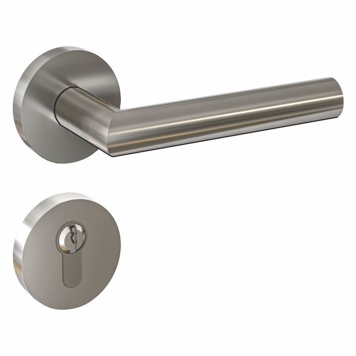 Türgriff und Türschloss aus Edelstahl auf weißem Hintergrund.