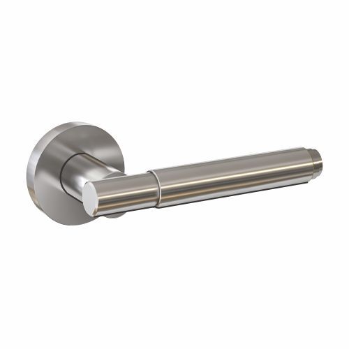 Türgriff aus gebürstetem Metall mit runder Rosettenplatte und zylindrischem Hebel.